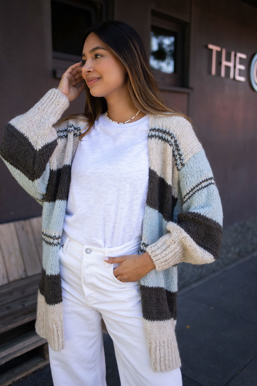 jackieandkate Cardigan soft stripes khaki